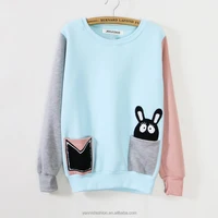 

mix color pocket cartoon rabbit sweatshirt Women hoodies long sleeve O-neck fleece inside warm cotton sweatshirts E723