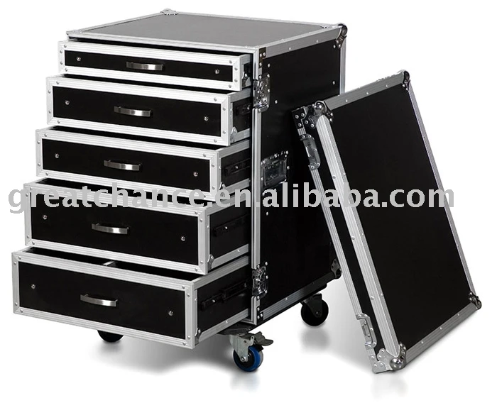 
16U RACK WITH 5 DRAWERS; 2X4U, 2X3U, AND 1X2U HIGH WITH CASTER BOARD 