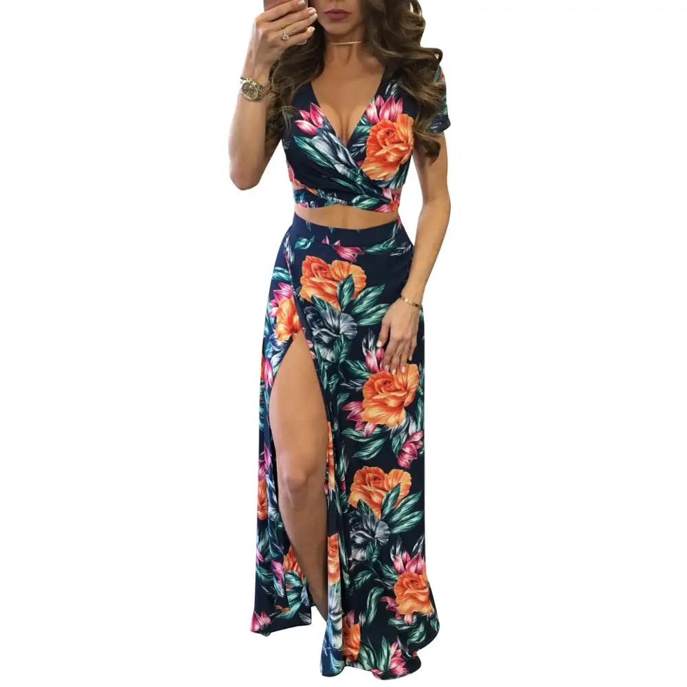 

Explosions Models Sexy Deep V Split Two-piece Print Dress Boho Dress, As show
