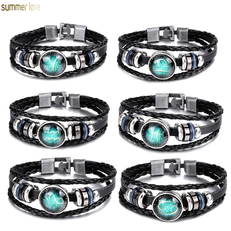 

12 Constellations Braided Multi-layer Luminous Handmade Woven PU Leather Glass Buckle Zodiac Beaded Unisex Leather Bracelet Gift, Blue&black