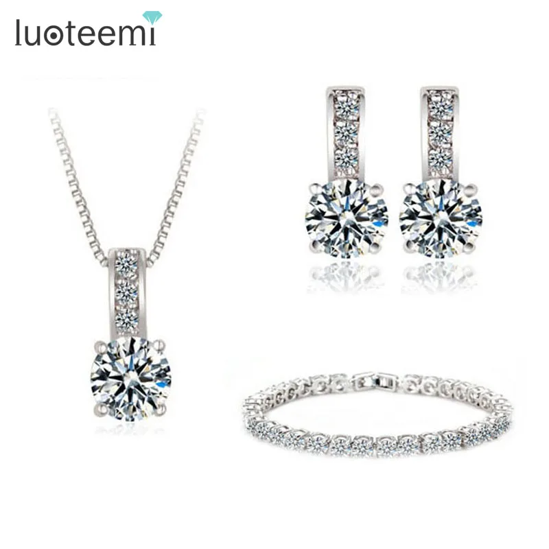 

LUOTEEMI Cubic Zirconia Diamond White Gold Noble Elegance Women Luxury Wedding Party Jewelry Bracelet Necklace Earring Set