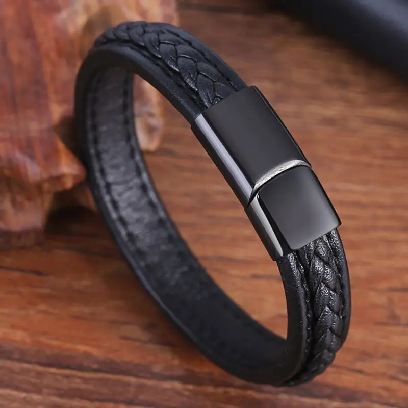 

2019 New Simple Men Leather Stainless Steel Bracelet Men's Black Leather Magnetic Buckle Braided Bracelet Multilayer Leather, Black ,brown