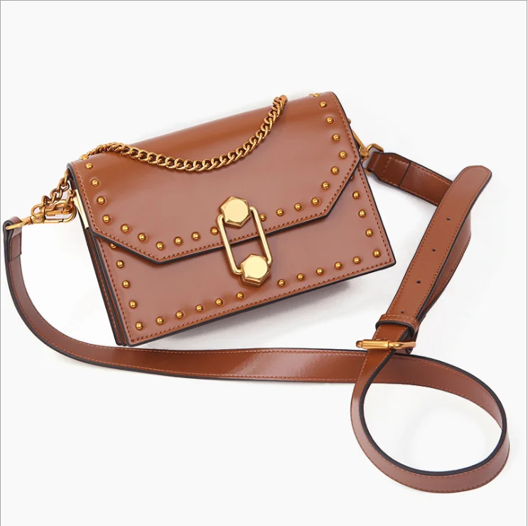 

2020 New Korean Style Genuine Leather Handbag Rivet Tide Single Shoulder Bag Lock Flap Chain Crossbody Bag