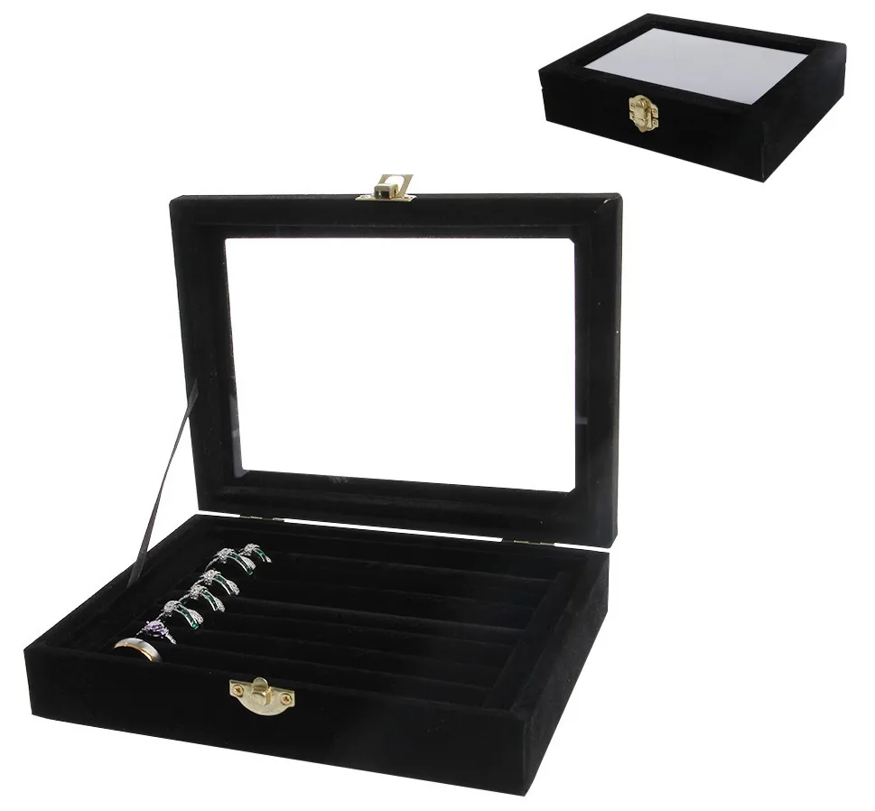 

Velvet Carrying Case with Glass Cover Jewelry Ring Display Box, As the picture
