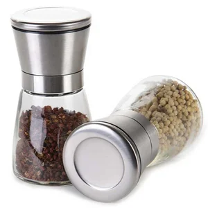 Image of Adjustable Stainless Steel Salt and Pepper Set Mill Shakers With Lid 6 OZ Glass Salt Pepper Grinders