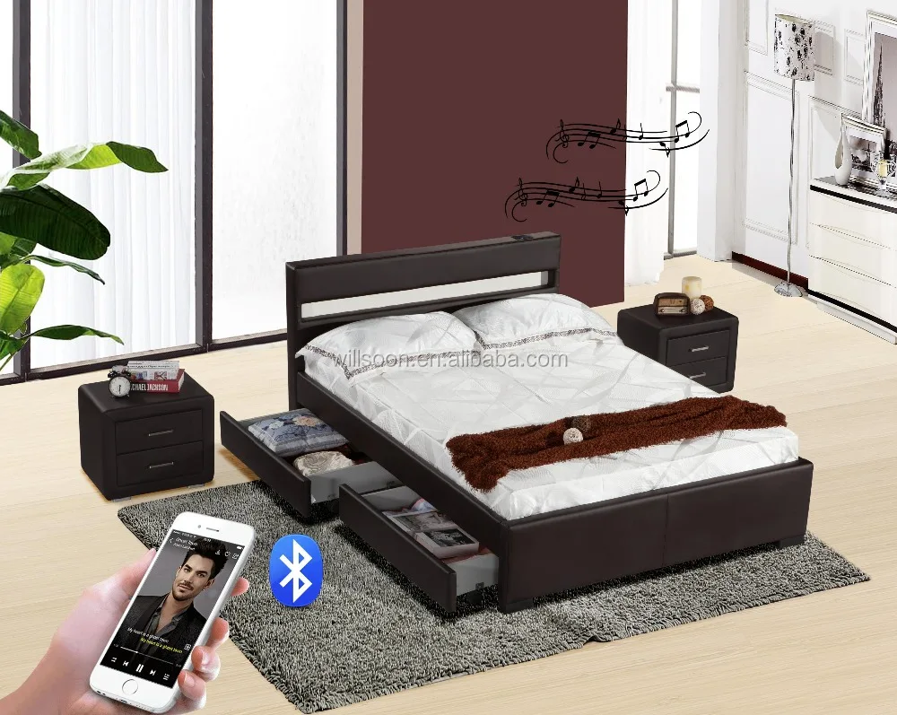 4 Drawers Double Size Led Speaker Soft Pu Leather Storage Bed 1894