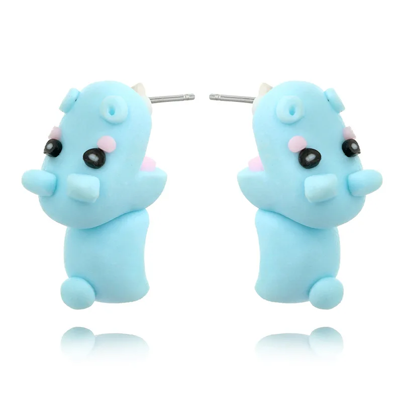 

Cheap Handmade Soft Clay Solid Animal Earrings Fashion Trend Blue Cute Hippo Bite Ear Studs, As picture