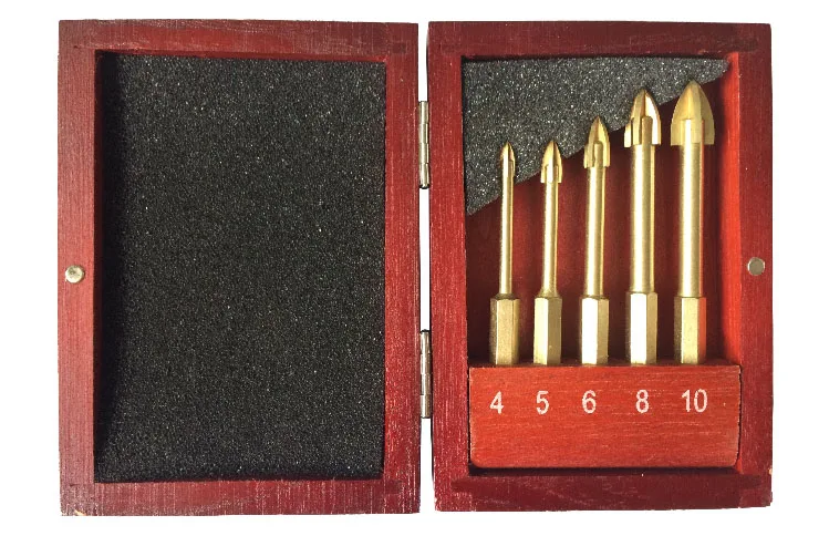 5 Pcs Titanium Coated Hex Shank Cross Carbide Tip Glass and Tile Drill Bit Set in  Box and PVC Double Blister