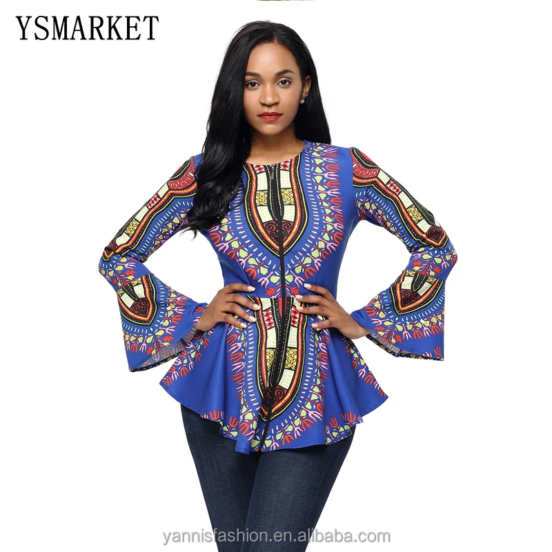 

Women Blouse Hot Sale African Print Zipper Front Flare Long Sleeve Peplum Defined Waist Top Ruffles Hem Shirt E250372