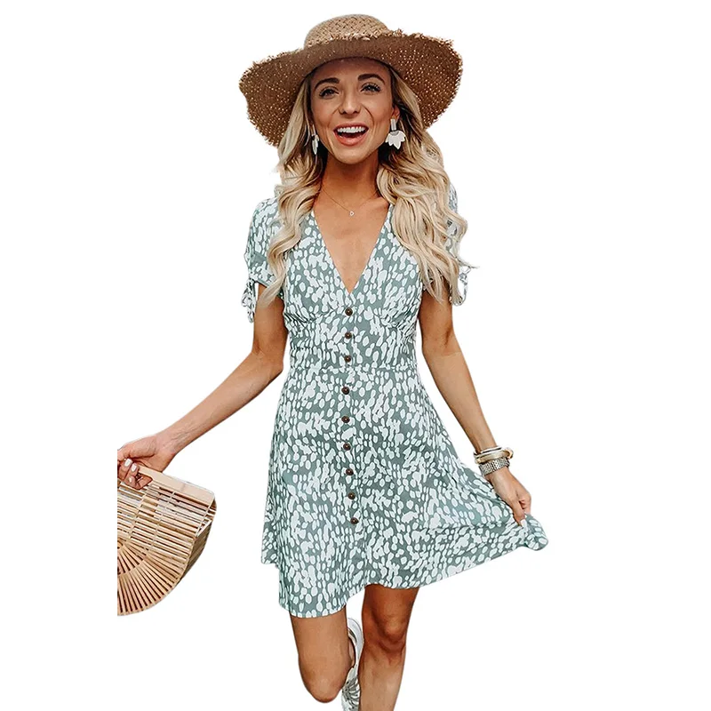 

Wholesale Casual Summer Women Green Valentine V Neck Mini Dress, Customized