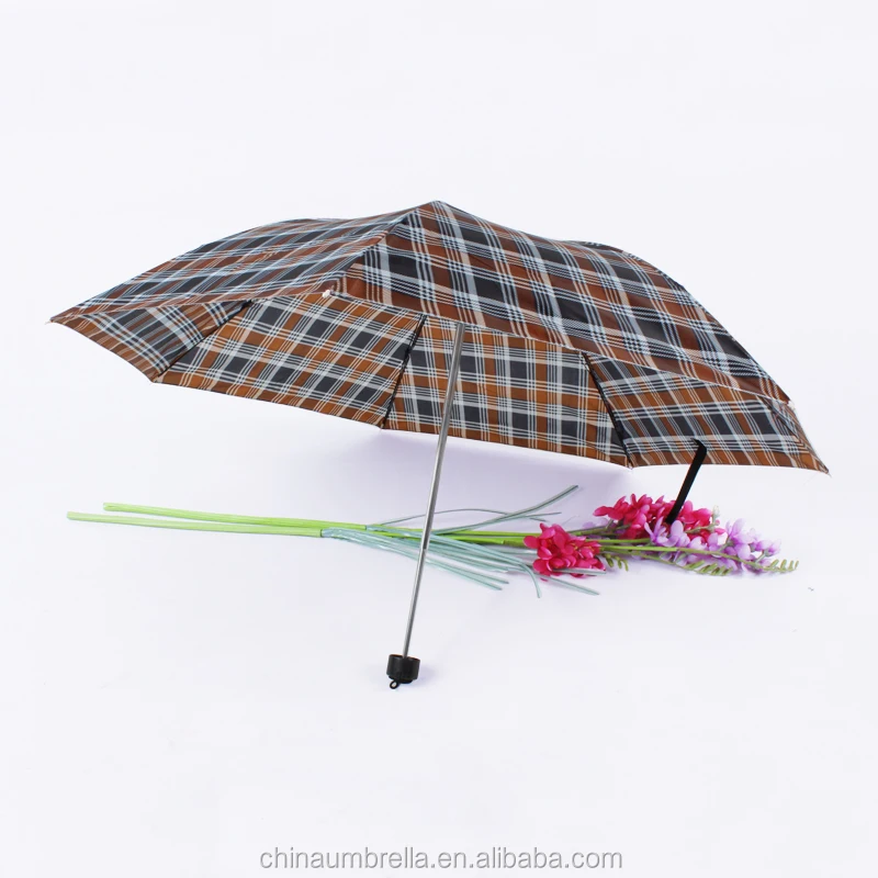 3 Fold Small Compact Folding Telescopic Rain Umbrella Tartan Checked Pattern