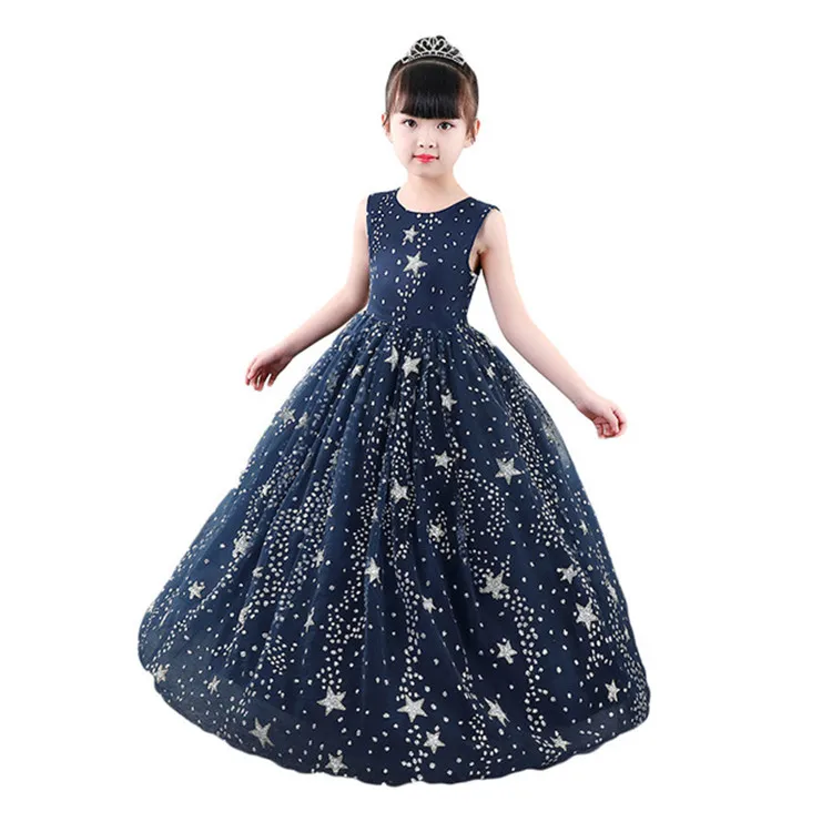 2018 Girl Princess Party Dress Star Printed Navy Blue Kids Party Long Gown Flower Girl Dress