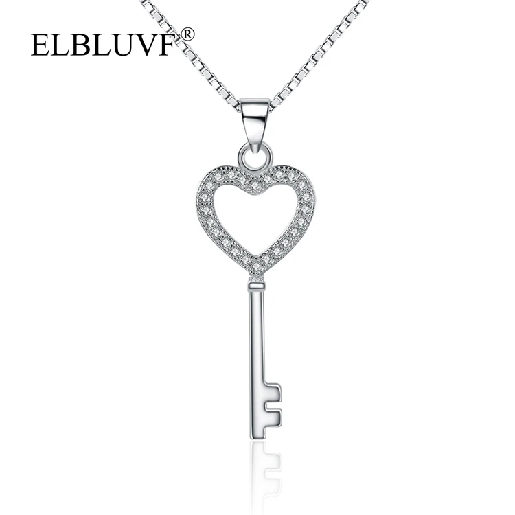 

ELBLUVF 925 Sterling Silver Chain Womens CZ Love Heart Key Necklace For Wedding Valentine Gift