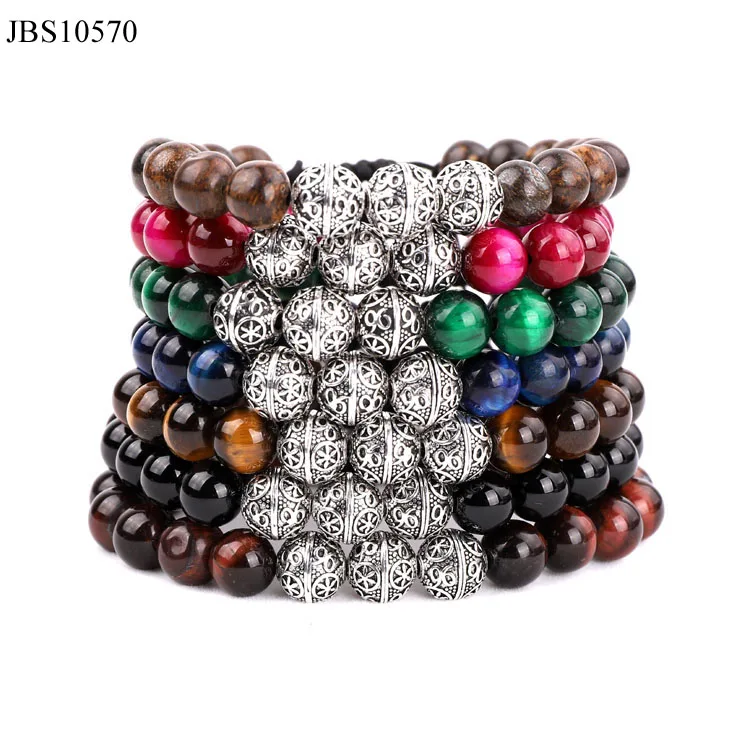 

New design high quality tiger eye gemstone triple Tai silver ball stone beads men macrame bracelet