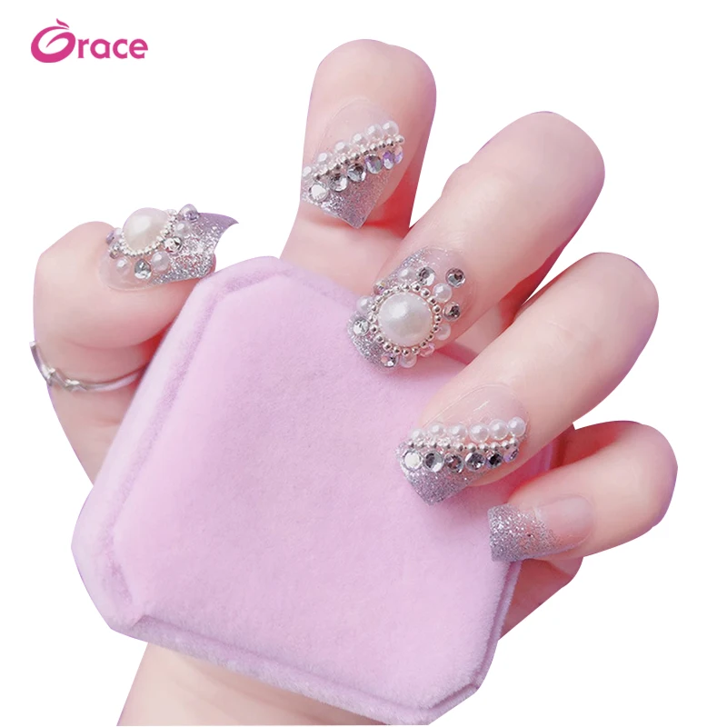 

A01 wholesale pearl flash bride fake nails tips artifical false finger nails press on nail tips 24pcs/set with back glue, Clear