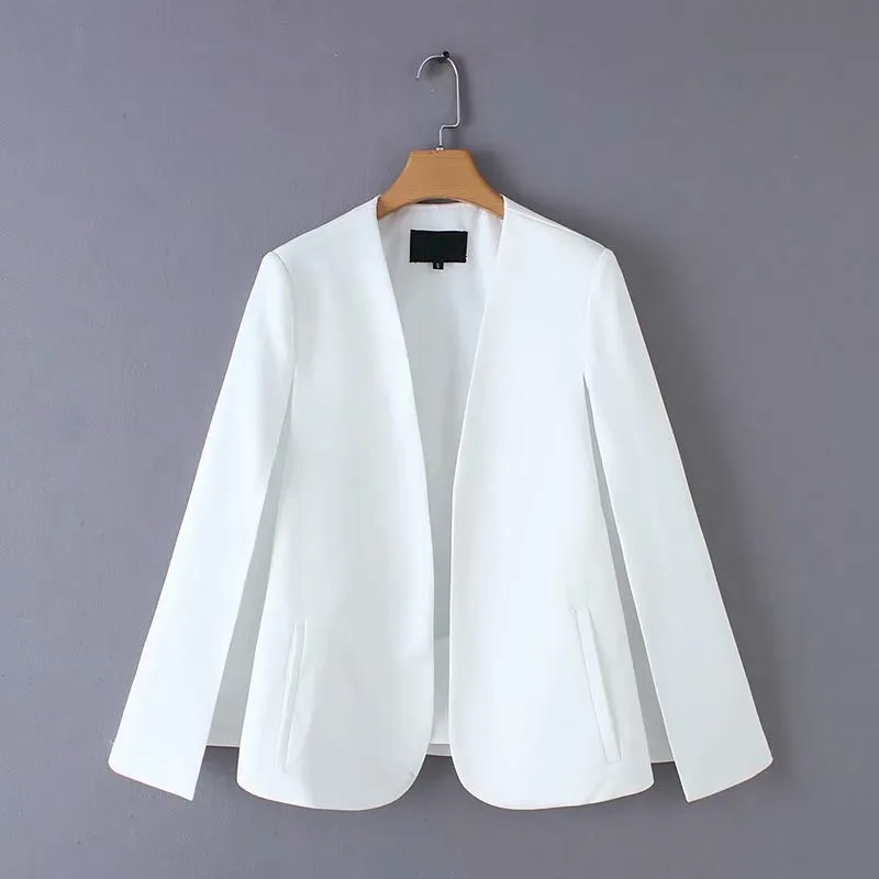 

Blazers ladies women elegant black white V neck coat office wear outerwear female casual chic open stitch tops Y11936