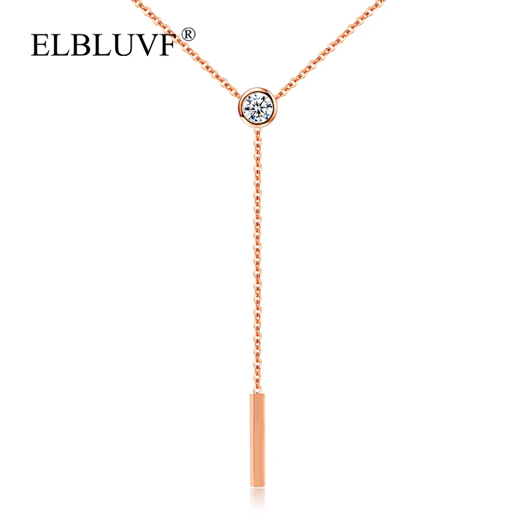 

ELBLUVF Free Shipping Stainless Steel Y Shape Long Bar Zircon Drop Dangle Necklace Jewelry For Women Girls Ladies, Rose gold