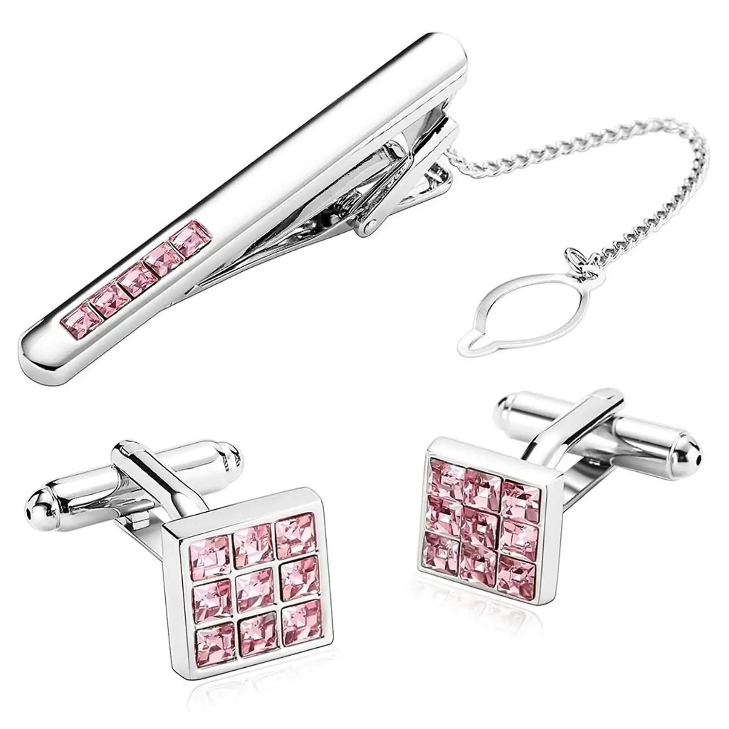 3Pcs Stainless Steel Square CZ Crystal Purple Aooaz Mens Tie Clip and Cufflink Set Clasp Bar Pin Shirt
