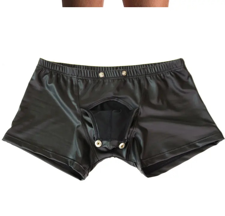 Men's Black Leather Underwear Tight Boxer Briefs Wet Look Swim Shorts ...