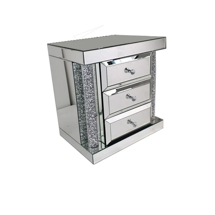 3 Drawer Mirror Bedside Table With Round Crystal Pillar 3 Drawer Mirror Bedside Table With Round Crystal Pillar