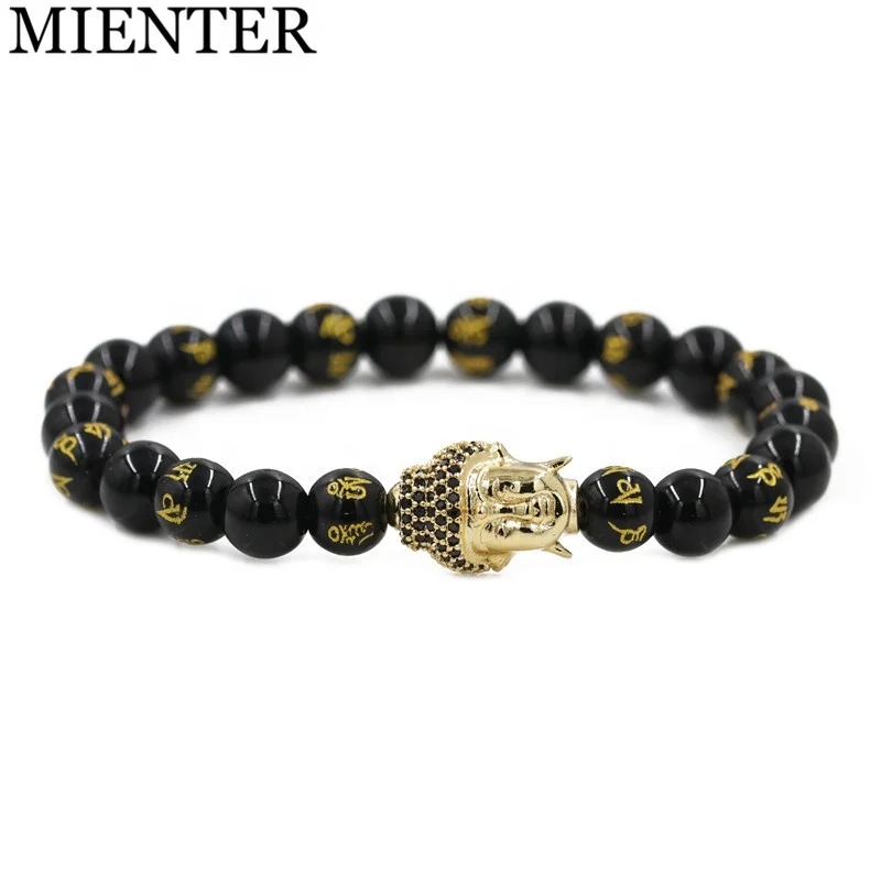 

Custom Fashion Natural Black Agate Beads Buddhist Symbol Charm Buddha Head Bracelets, Picture