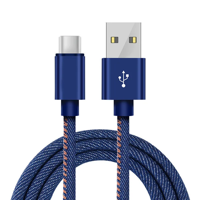 

2019 New USB C Cable Fabric Jean durable micro usb data cable for android for iphone, Red;blue