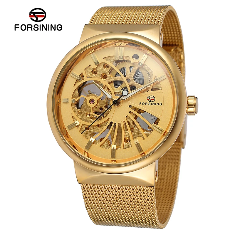FORSINING Men's New Arrival Popular Mechanical Ultra Thin FSG8126M4 Stainless Steel Bracelet Mesh Skeleton Wrist Watch