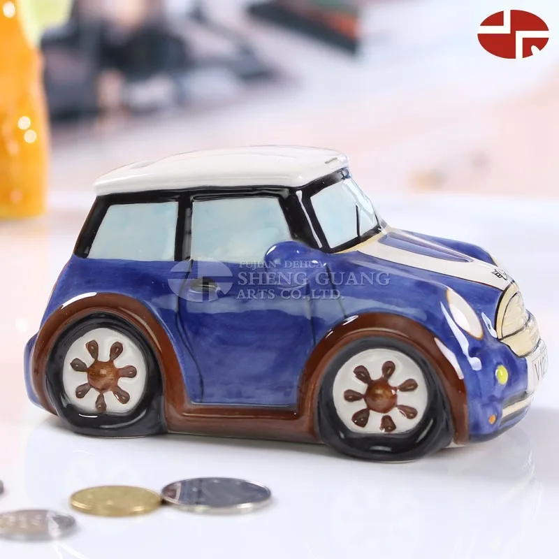 Ceramic car shape design with painting dolomite coin box ,Ceramic money box