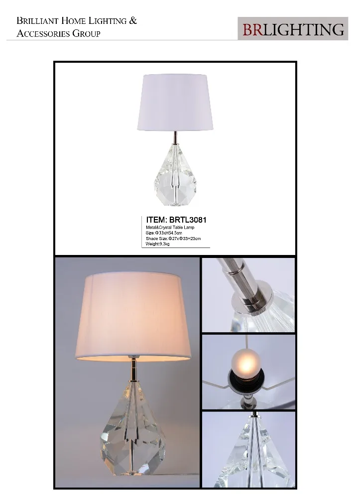 Modern Taper Clear Crystal Table Lamp Hotel Desk Lamp With White Lampshade