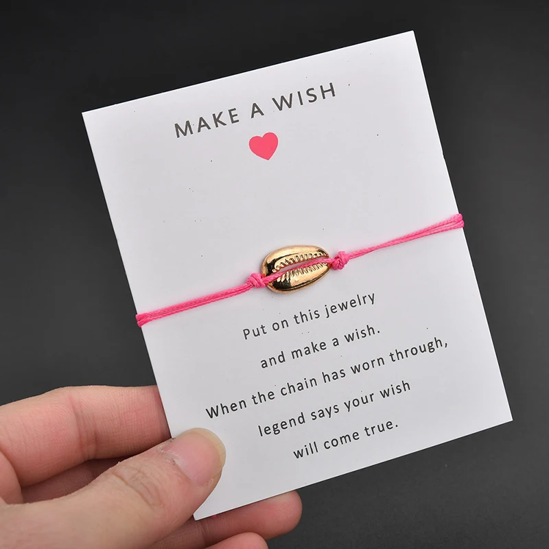 

Nature Shell Charm Bracelet Wish Card Handmade Pink Rope Chain Bracelets for Women Best Friend Jewelry Gift (KB8180), As picture