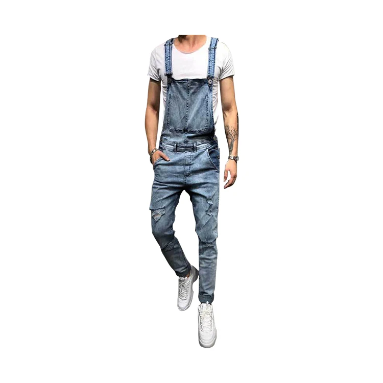 Men black gray blue denim ripped men jean jumpsuit overalls