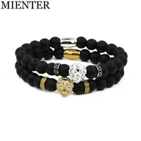 

Custom Logo 8mm Beads Natural Matte Black Onyx Stone Lion Head Distance Bracelet Couple