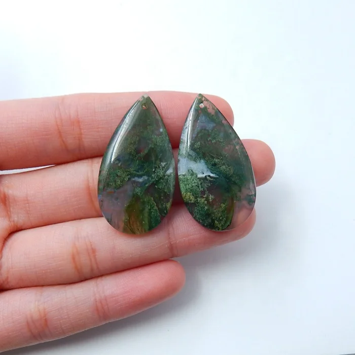 

Moss Agate Stone Beads Custom Design Earrings Genuine Hand Carved Tear Drop Gemstone 33*18*6mm 9g, Natural