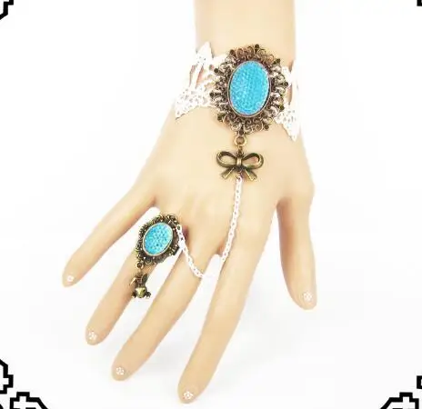 

Gothic Style Adjustable Lace Bracelet Gem Ring Connected -Pink