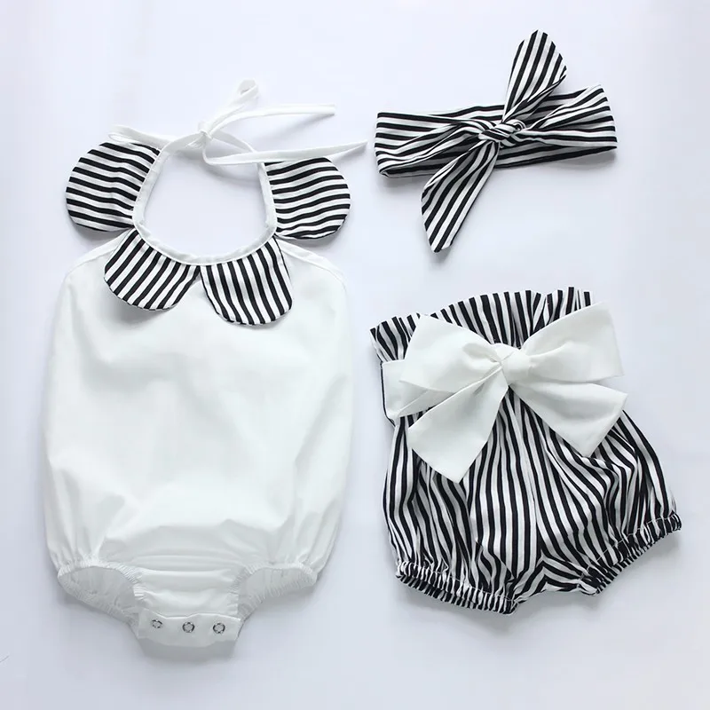 Baby Girl Bodysuit Romper Tops+Striped Shorts Stripes Romper Clothing Set with Headband Summer Outfits Set