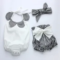 

Baby Girl Bodysuit Romper Tops+Striped Shorts Stripes Romper Clothing Set with Headband Summer Outfits Set