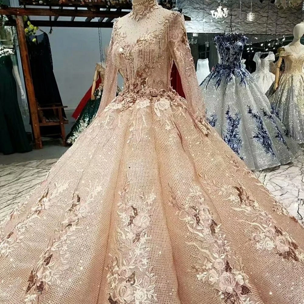 

LS658872 Jancember newest design crystal beaded party dress long sleeves lace appliques ball gown applique evening dresses