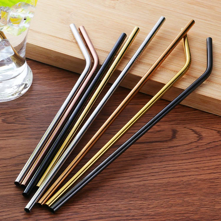 

custom LOGO wholesale Stainless Steel Straw Reusable Metal Drinking Straw With Cleaner Brush For Home Party Barware Bar Accessor, Silver gold;rose gold;balck rainbow