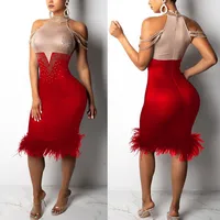 

YSMARKET Hot Drilling Sexy Strapless Dress Women Patchwork Feathers Femme Party Summer Bodycon Dresses Knee Length ECY8056
