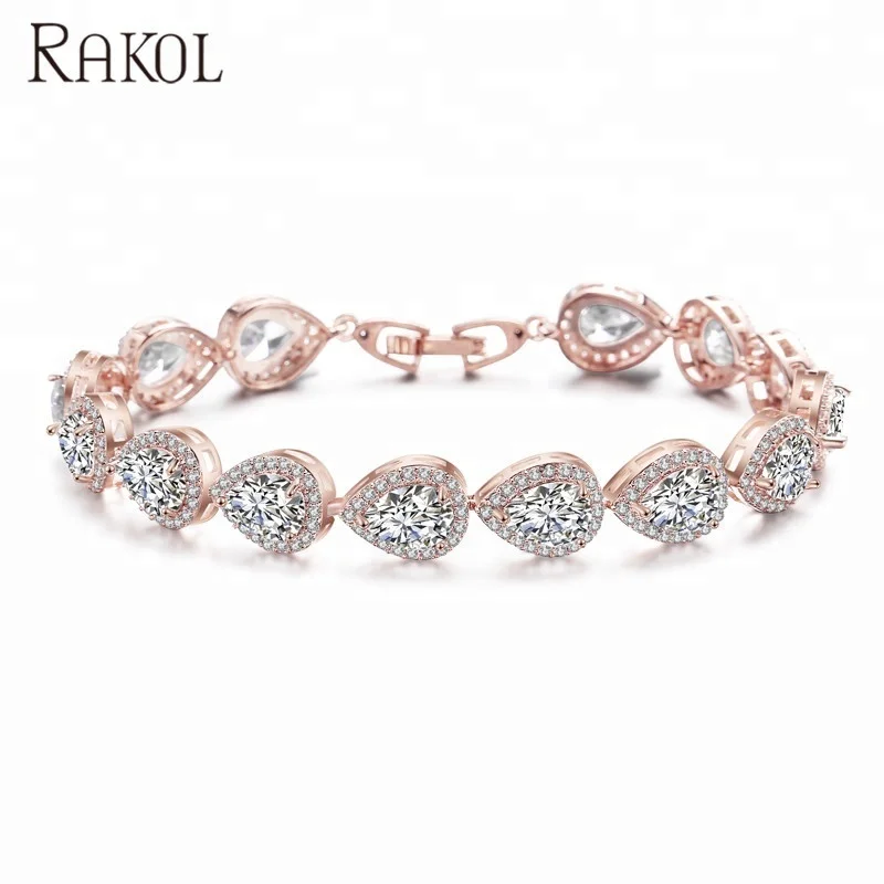 

RAKOL BP099 exquisite women zircon jewelry teardrop water shape rose/18k gold silver crystal cubic zirconia CZ bracelet, As picture
