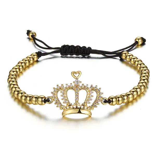 

Women Luxurious 4mm Copper Bead Adjustable Micro Pave CZ Imperial Crown Charm Braiding Macrame Bracelet, Picture