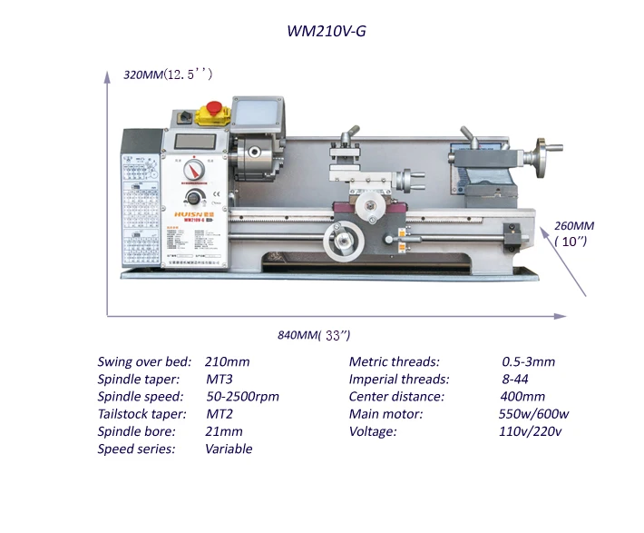 WM210V-L lengthen 38mm bore manual small metal price mini hobby lathe for sale 750w