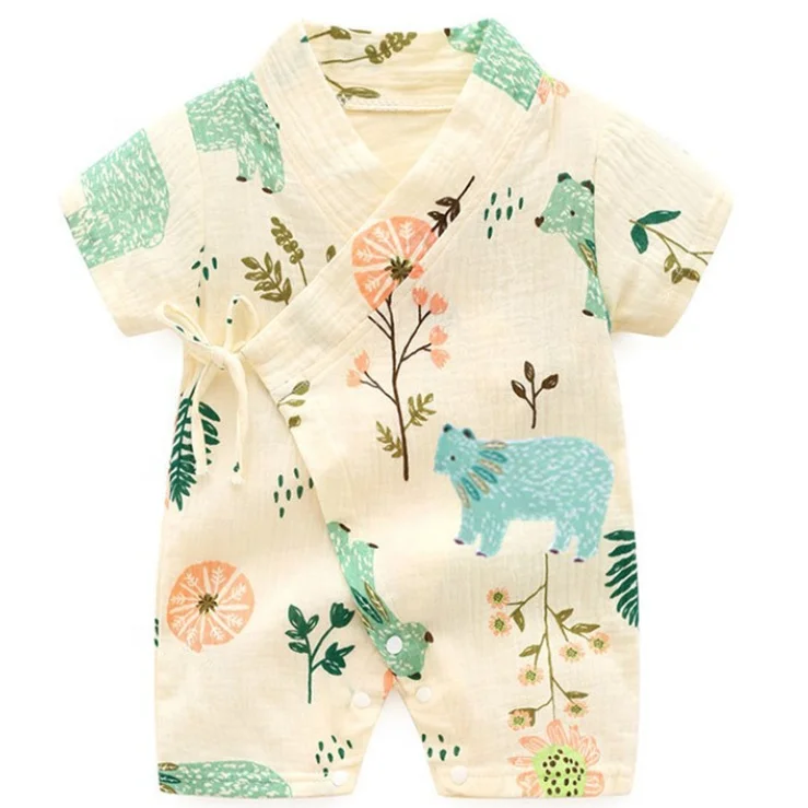 

Kimono Short Sleeve Cotton Baby Rompers Bodysuit Wholesale Crossbody Strap Infant Onesie Baby Clothes, As pictures