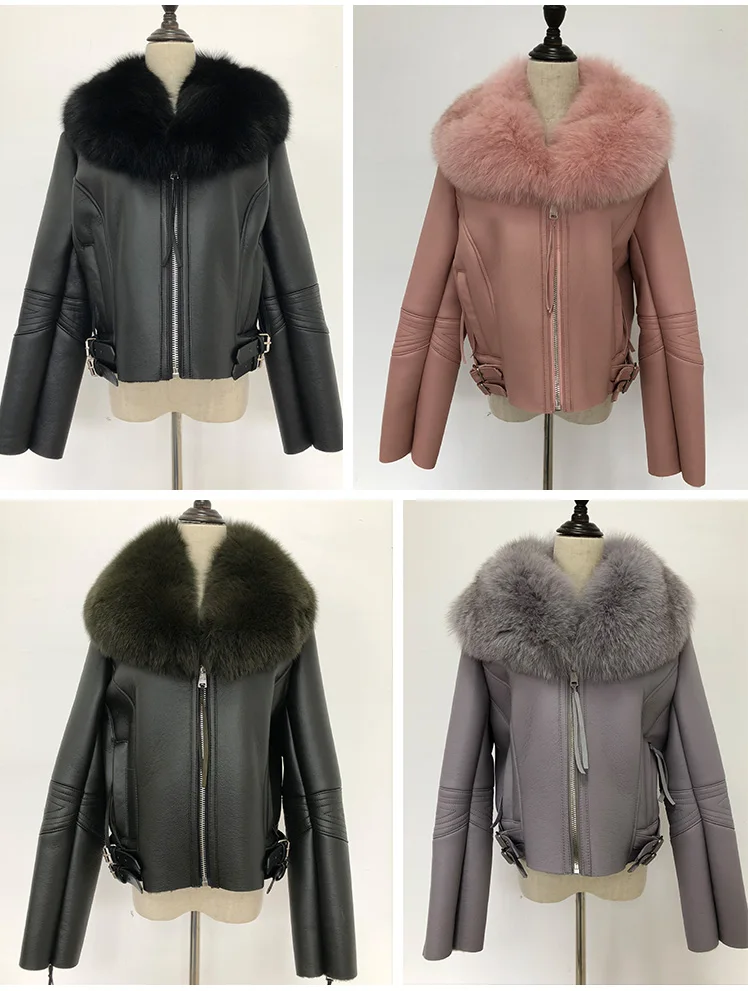 JOUR NUIT Womens Real sheepskin Leather with fur Short Jacket 