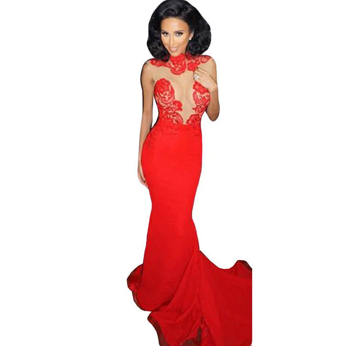 

Wonder Beauty Ladies Red Elegant Formal Lace Floor Length Sleeveless Mermaid Maxi Long Evening Dress