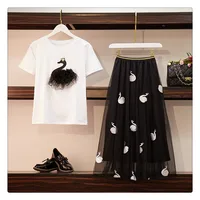 

Big size lady's dress Fat MM embroidered Swan nail bead short sleeve T-shirt net yarn half-length skirt fairy lady two sets