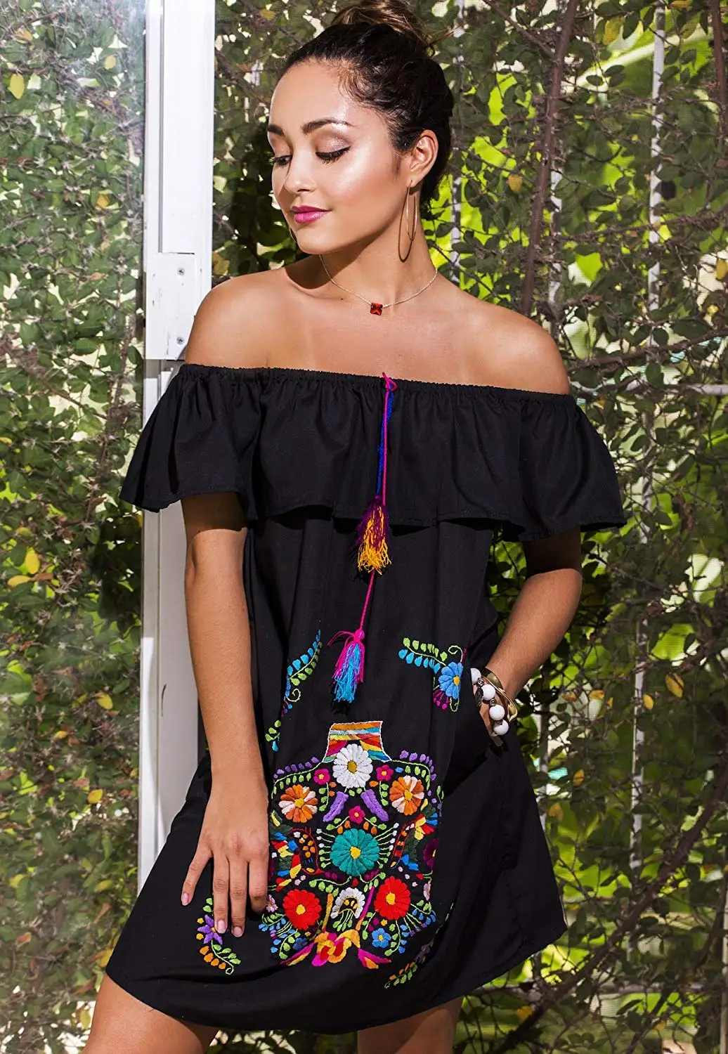 mexican black dress with flowers