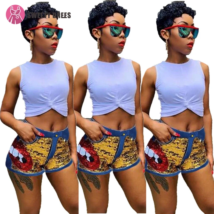 

9S00772 sequined shorts skinny stretch wholesale jeans for woman