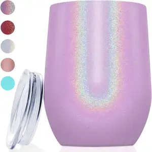 Image of Cheap price 12 oz stainless steel wine tumbler rainbow sparkly stemless tumbler wine glass unicorn magic wine sippy cup