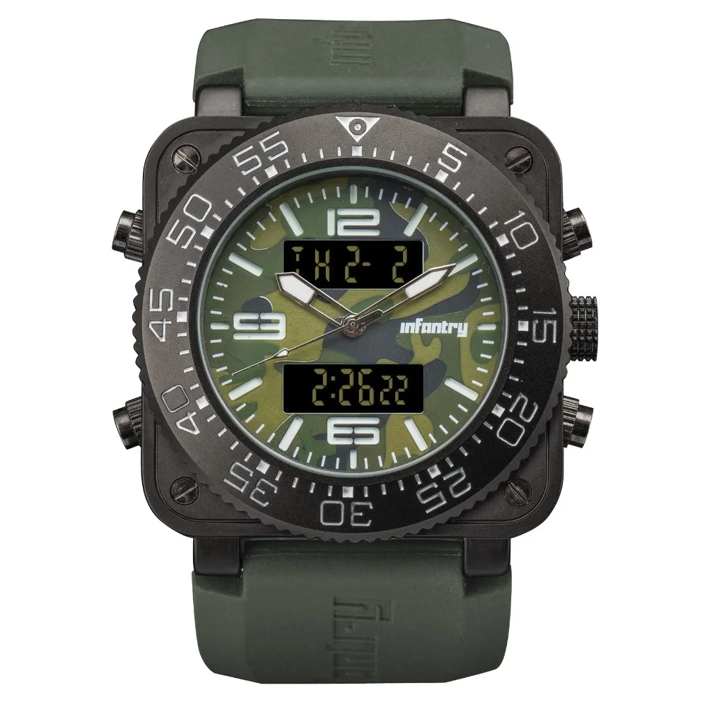 

INFANTRY CAMO GREEN Rubber Strap Waterproof Tactical Military Digital Aviator Sport Watch